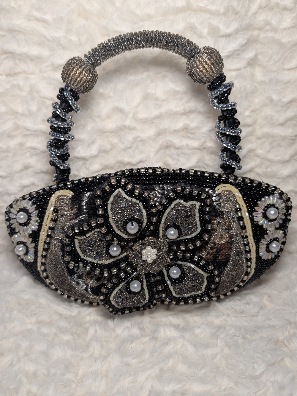 Y2K Beaded Floral Embellished Evening Bag - Black & Silver